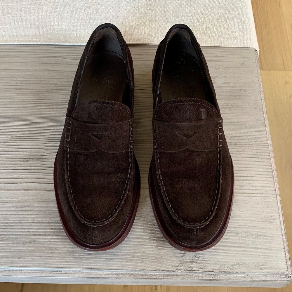 Tod's Suede Leather Moc Toe Penny Loafers - men's 6 brown casual dress shoes